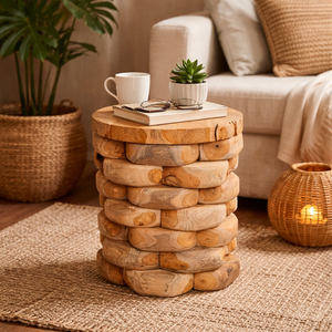 ARTERRA Premium Teak Pebble Stacking <b>Stool</b> Rustic Handcrafted Masterpiece Natural Texture Sturdy Craftsmanship Hotel Apartment - Product Image 3
