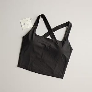 Women's Black <b>Cross</b> Back Sports Bra | Scoop Neck Longline Yoga Tank <b>Top</b> | Nylon Spandex Gym Workout Crop with Removable Pads - Product Image 1