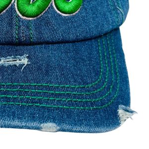 Dark Blue Washed Distressed Denim Baseball <b>Cap</b> with Green Embroidered 1908 Design Adjustable <b>Vintage</b> Casual Outdoor Fashion Hat - Product Image 2