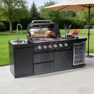 46 in. 4-Burner 72,000 BTU Stainless Steel Outdoor Kitchen BBQ Grill Island, <b>Wine</b> Refrigerator, Rotisserie, in Black - Product Image 1