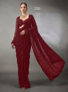 Soft Wine Sequin Lace <b>Saree</b> with Long Sleeve Blouse Indian & Pakistani Style Modern Wedding Outfit for Women Regular Length - Product Image 2
