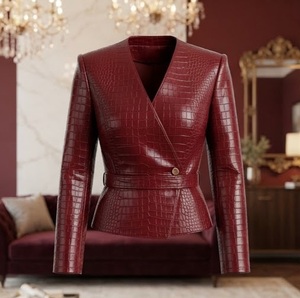 Red Crocodile Embossed Faux <b>Leather</b> <b>Blazer</b> Women's V-Neck Full Sleeve Autumn <b>Jacket</b> Regular Length Single Button - Product Image 1