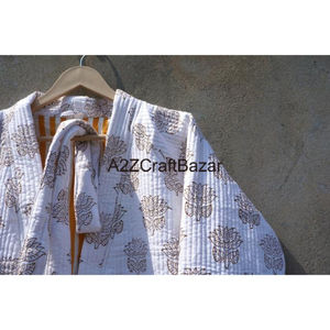 Vintage Eco-Friendly Knitted Quilted Cotton Jacket Women Stripe Hand Drawn Printed Beach Honeymoon V-Neck Design Long Autumn - Product Image 3