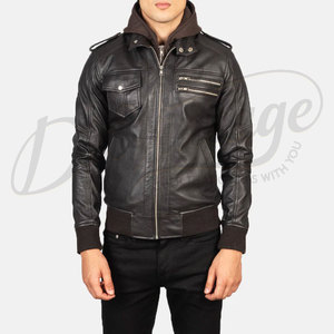 Blouson aviateur en cuir véritable noir de qualité supérieure pour homme avec capuche amovible - Coupe ajustée en peau de mouton véritable, vêtement d'extérieur décontracté multi-poches - Product Image 3
