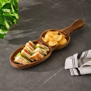 Plateau de service pour en-cas en bois d'acacia artisanal avec poignée |   Plateau à fruits secs à double compartiment, organisateur de table décoratif, cadeau - Product Image 2