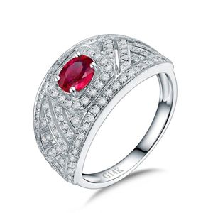 Women's 14K Solid <b>Gold</b> <b>Cocktail</b> <b>Ring</b> With Oval Ruby And Round Brilliant Cut Diamond Geometric Design Classic Style - Product Image 1