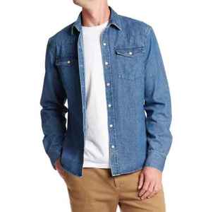 Camisa Casual de Mezclilla Verde Militar para Hombre, Manga Larga, Bolsillos en el Pecho, Cuello Camisero, 100% Algodón, Estilo Desgastado, Corte Regular - Product Image 3