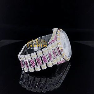 Montre Homme Entièrement Personnalisée en Acier Inoxydable Rouge et Jaune, Plaqué Diamant Blanc, Mouvement Quartz ETA, Verre 20mm, Style Hip-Hop - Product Image 5