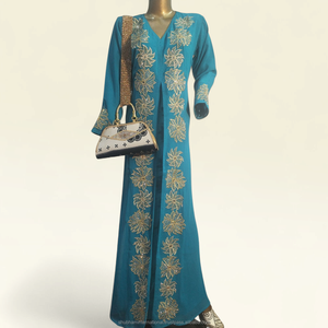 Emerald Green Luxury Kaftan <b>Dress</b> with <b>Silver</b> Embroidered Neckline for Women Wedding Party Wear - Product Image 3