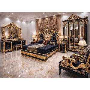 Ensemble de chambre à coucher de style baroque noir doré européen, ensemble de lit de style victorien avec armoire et commode, cadre de lit en bois le plus vendu aux États-Unis - Product Image 1