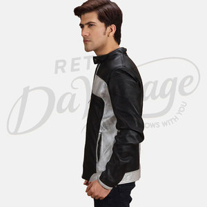 Veste en cuir noire et argentée de qualité supérieure pour homme, en peau de mouton véritable, coupe ajustée, style café racer, veste de moto tendance - Product Image 5