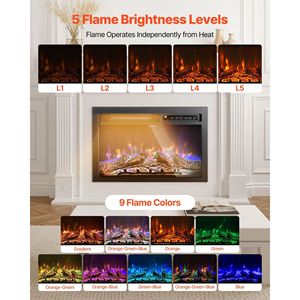 Caminetto Elettrico da Incasso da 26 Pollici, Montaggio a Parete, Luminosità Fiamma Regolabile, Timer 8 Ore, Telecomando - Product Image 5