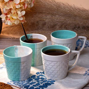 Set of 4 Fish Scale Textured Ceramic <b>Tea</b> Mugs Porcelain Vintage Style 90ml/200ml/220ml <b>Cups</b> for Afternoon <b>Tea</b> - Product Image 2