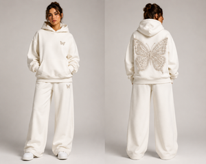 Premium Oversized <b>Cream</b> Butterfly Embroidered Hoodie Wide Leg Sweatpants Tracksuit Unisex Luxury <b>Fleece</b> Set OEM ODM Fashion - Product Image 3