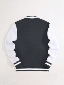 Blouson universitaire de baseball noir et blanc unisexe en polaire épais coupe-vent avec patch lettres sur le devant et boutons-pression style streetwear - Product Image 2