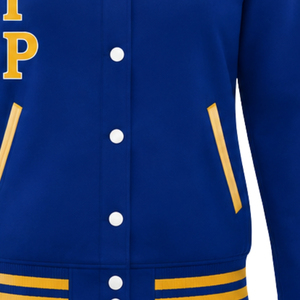 Veste universitaire bleu roi avec lettres grecques dorées, bordures rayées, écusson brodé, boutons-pression, style baseball universitaire - Product Image 5