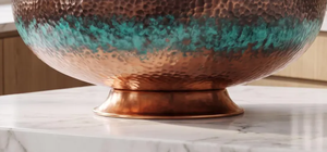 Frutero de Cobre Martillado con Patina Teal y Detalles en Turquesa Verdigris, Centro de Mesa Decorativo Metálico con Base para Cocina - Product Image 5