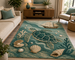 Tapis Tortue Marine, Tapis en Laine Coquillage, Tapis Tortue Marine Bateau Perle, Tapis Tufté Fait Main, Tapis en Laine Douce, Tapis Décoratif Maison de Plage - Product Image 2