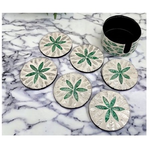 Luxurious Set of 6 Green Mother Pearl Inlay Round Coasters with Holder Bohemian Style Eco-Friendly <b>Table</b> <b>Protection</b> Mats & Pads - Product Image 2