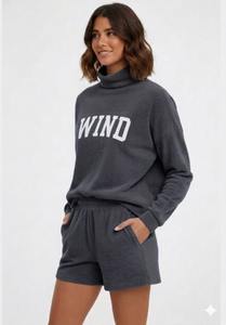 Ensemble short et haut à col montant pour femme, en molleton de polyester et coton, style streetwear, écologique, imperméable, séchage rapide, respirant - Product Image 5