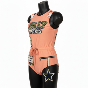 Traje de Baño Premium para Mujer en Poliéster y Spandex Color Durazno Naranja con Parche Bordado en Chenille y Logotipo Personalizado - Product Image 4