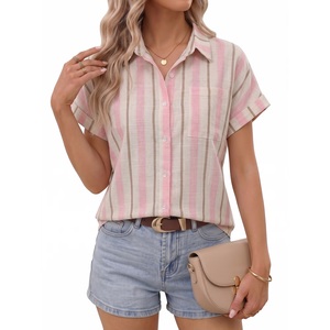 Blusa de Punto a Rayas para Mujer Talla Grande, Cuello Camisero, Manga Corta, Botones, Camisa Informal de Verano, 100% Algodón Transpirable - Product Image 4
