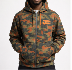 Veste à capuche zippée intégrale camouflage orange pour homme, de haute qualité et personnalisable, sweat-shirt à capuche en polaire camouflage pour unisexe - Product Image 1