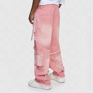 <b>Men</b> Heavyweight Straight Baggy Patchwork Washed <b>Pink</b> Denim Patches Pants Mid Waist Oversize <b>Pink</b> <b>Trousers</b> - Product Image 4