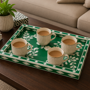 Luxury Green Bone Inlay Serving Tray Set | Handmade Tea Coffee Serving Tray Decorative Ottoman Home Decor Wedding Home <b>Gift</b> Tray - Product Image 3