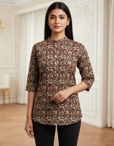 Kalamkari Bedrucktes Rayon-Kurztop für Damen Freizeit- und Partykleidung Größen <span class=keywords><strong>M</strong></span> bis XXL Ethnische Mode-Oberteil - Product Image 1