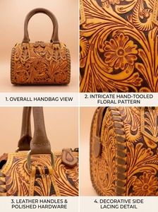 Bolso de Hombro Tipo Boston con Cierre de Cremallera de Cuero, Diseño Floral Tallado, Gran Capacidad para Viajes y Uso Diario - Product Image 3
