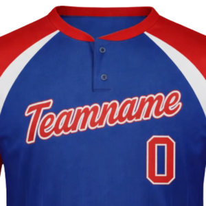 Maillot de baseball personnalisé sublimé pour homme, rayé bleu, rouge et blanc, manches courtes, anti-humidité, logo d'équipe, fermeture boutonnée sur le devant - Product Image 5