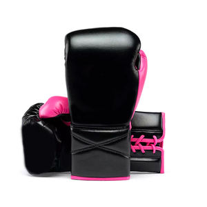 Gants de boxe en cuir PU noir et rose avec fermeture à lacets pour poignet, pour usage unisexe adulte, pour l'entraînement aux arts martiaux - Product Image 1