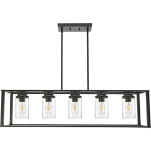 Lampadario a sospensione moderno a 5 luci per isola cucina, con paralume in vetro trasparente e gabbia lineare, per illuminazione sala da pranzo - Product Image 1