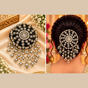 JeweleMarket – Élégant couvre-chignon ethnique en alliage avec strass en cristal et pompon, fait main, réglable, pour femme, idéal pour les fêtes et mariages - Product Image 1