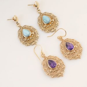 Natural Larimar Gemstone <b>Dangle</b> <b>Earrings</b> <b>Gold</b> Plated Brass Anchor Shape Filigree Design Trendy for Women Gift Jewelry - Product Image 3