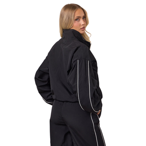 Womens Black Woven <b>Tracksuit</b> Full Zip Jacket and Straight Leg Pants Set Athleisure Fitness Sportswear Outfit - Product Image 2