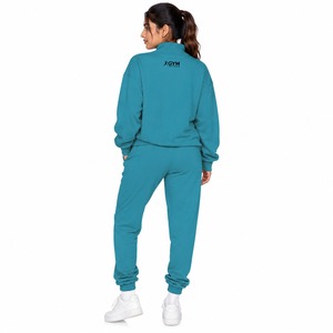 <b>Womens</b> Teal Quarter-Zip Hooded <b>Fleece</b> Sweatshirt & <b>Jogger</b> Tracksuit Set | Casual Gym Activewear with Custom Logo - Product Image 2