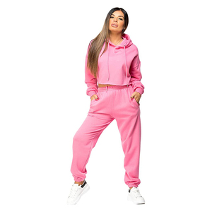 Custom Cotton Fleece Ladies 2 Piece Hoodie Set <b>Women's</b> Distressed Acid Washed <b>Zip</b> <b>up</b> Crop <b>Top</b> and Jogger - Product Image 4