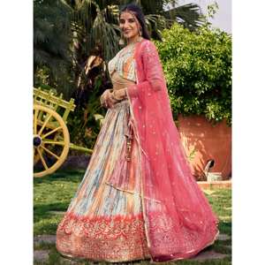 Impresionante ropa festiva de Chinon con estampado digital en blanco y rosa Lehenga Choli - Product Image 6