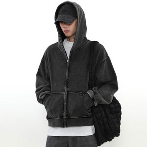 Sweat à capuche oversize streetwear délavé effet usé, design personnalisé, 100% coton épais, fermeture éclair intégrale, pour homme et femme - Product Image 2
