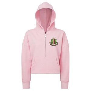 Light Pink Women Half Zip Hooded Jacket with <b>Green</b> Embroidered Crest Long Sleeve Casual Pullover Hoodie Soft Comfortable Wear - Product Image 1