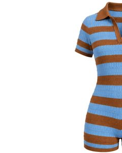 Mono de punto a rayas azul cielo y marrón para mujer, manga corta, cuello polo, informal de verano, de una pieza, ajustado, diseño personalizado - Product Image 3
