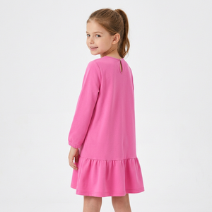 Vestido rosa de punto de manga larga hasta la rodilla con corte en A, dobladillo con volantes, cuello redondo, estilo casual para niñas, 100% algodón, Bangladesh - Product Image 5