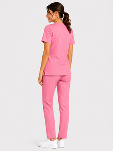 Ensemble de blouses médicales roses pour femmes, haut à col en V avec poche supérieure et deux poches inférieures, uniforme de soins infirmiers, vêtements de travail pour infirmières, haut et pantalon. - Product Image 4