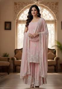 Conjunto de traje étnico para mujer, completamente cosido, con top de georgette de diseñador, bordado con lentejuelas, sharara y dupatta, ideal para fiestas. - Product Image 4