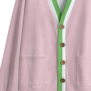 Cárdigan de punto de lana con cuello en V, color rosa salmón y verde manzana, para invierno, informal, con botones frontales y detalles de rayas, estilo hermandad. - Product Image 2