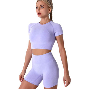 Ensemble de yoga 2 pièces pour femme, couleur unie, haut court à manches courtes et short cycliste, coupe ajustée, séchage rapide, effet push-up fessier, fitness, OEM - Product Image 1