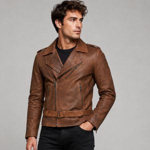 <b>Men</b> Biker <b>Leather</b> <b>Jacket</b> Lamb Skin Vintage Wax <b>Brown</b> Moto Style Belted Fashion <b>Jacket</b> - Product Image 1