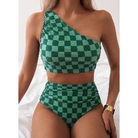 Costume da bagno bikini a vita alta da donna con stampa scozzese a quadri e monospalla arricciato - Product Image 1